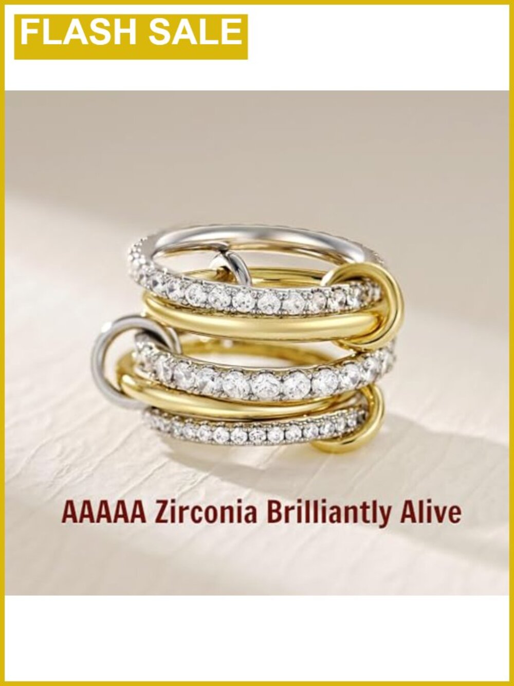 14K Gold Plated Stackable Rings Cubic Zirconia Interlocking Stack Ring Set - Picture 5 of 6